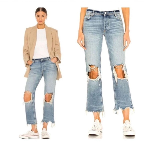 Free People Denim - Free People We the Free Maggie Mid Rise Straight Leg Jean Distressed Raw Hem 29